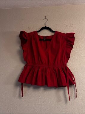 Love Red Ruffle Sleeve Peplum Blouse